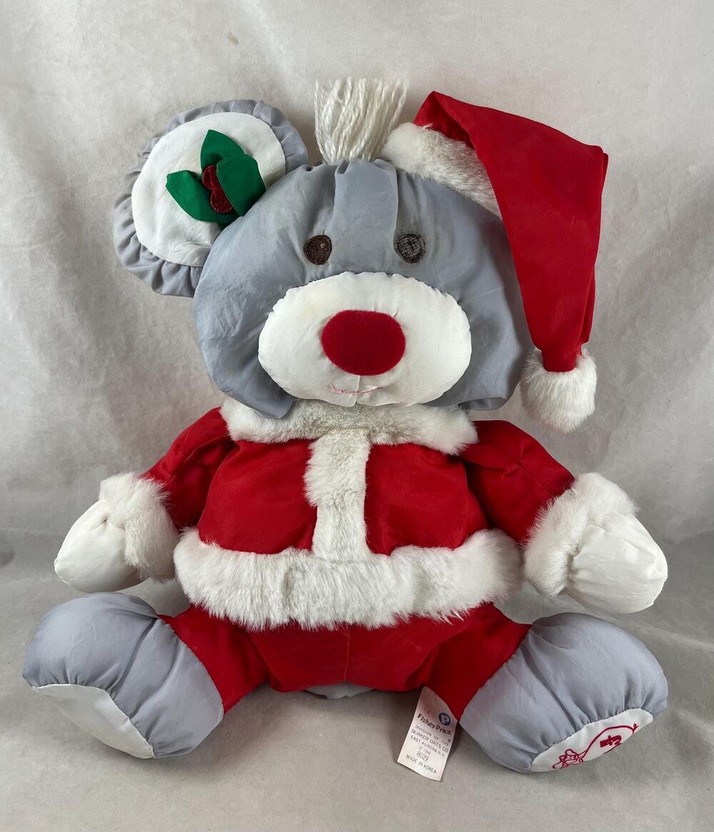 80s Fisher-Price Puffalump Holiday Gray Mouse in Santa Suit #8029 Vintage 1988